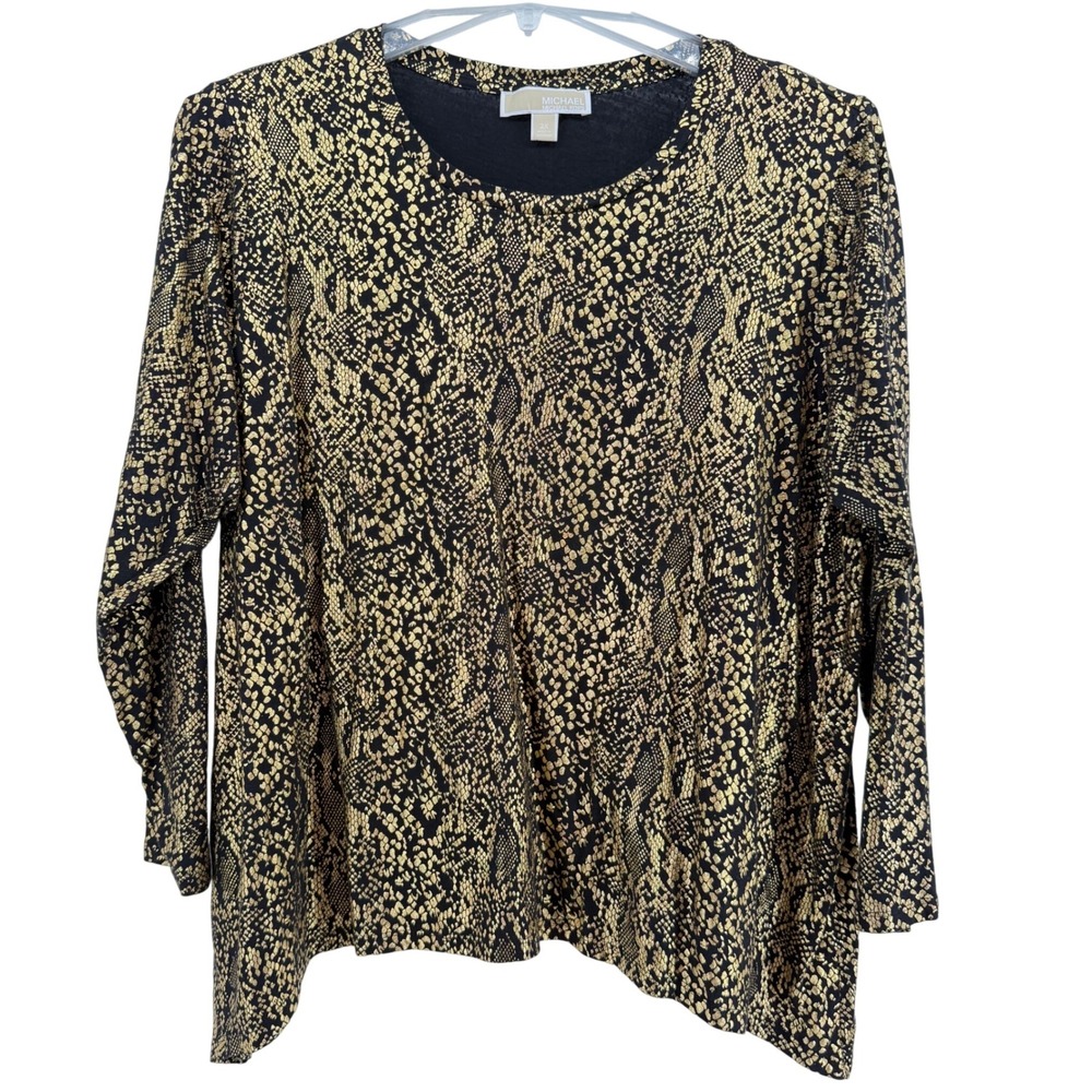 Michael‎ Michael Kors Womens Snake Print Long Sleeve Top 2X Black Gold